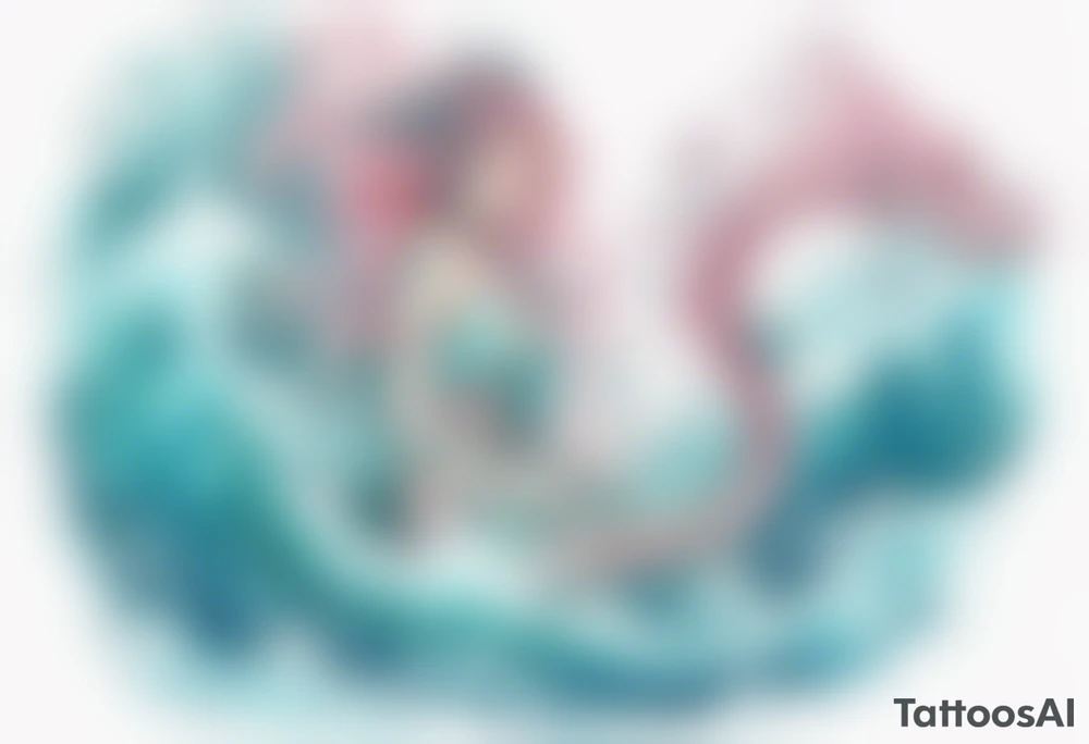 a beautiful turquoise and white and pink fairy serpent rising from the blue waves of the ocean tattoo idea