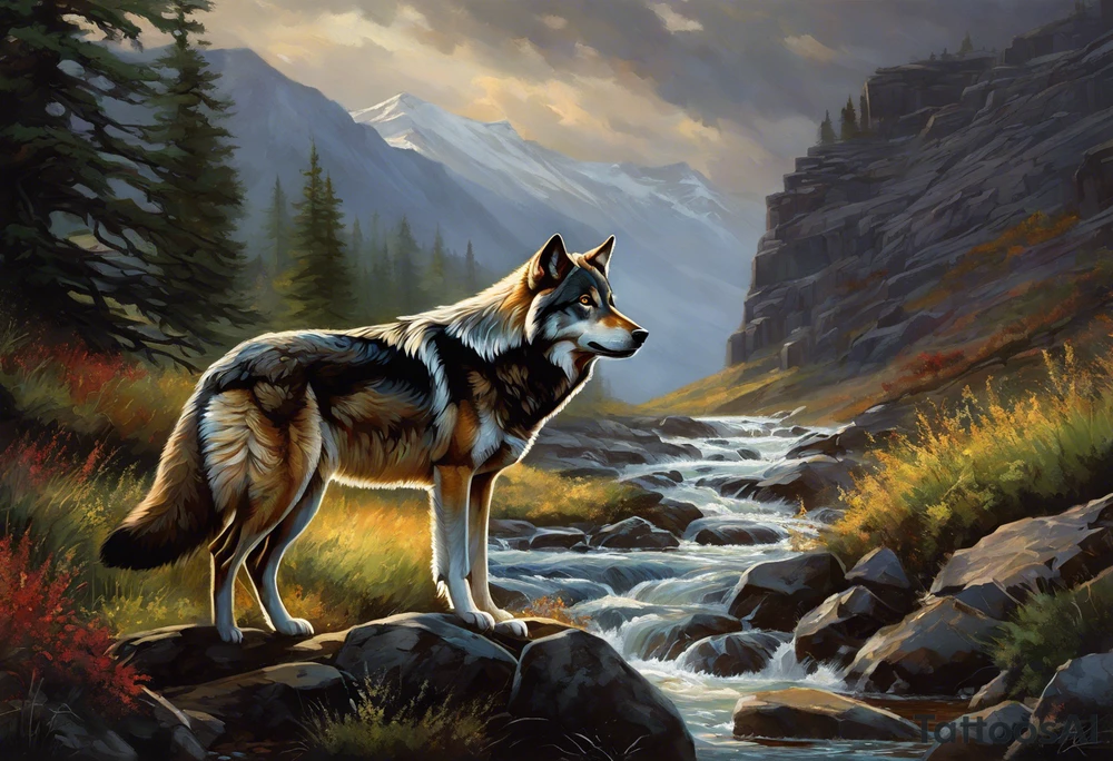 solitary wolf navigating through a rugged, detailed terrain, with each element meticulously shaded to capture the essence of life's struggles. The wolf's intense gaze conveys determination and resilience, while the landscape around it mirrors the challenges faced – rocky cliffs, turbulent rivers, and stormy skies. Subtle touches of color add depth and dimension, enhancing the realism of the design. Alongside the wolf, the phrase "Strength in Adversity" is delicately scripted, tying together the theme of overcoming life's battles with authenticity and grace. tattoo idea