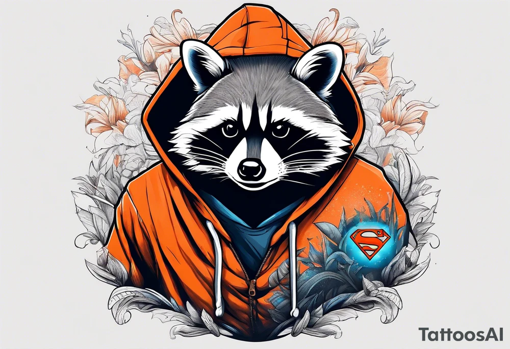 Raccoon wearing an orange Superman hoodie tattoo idea