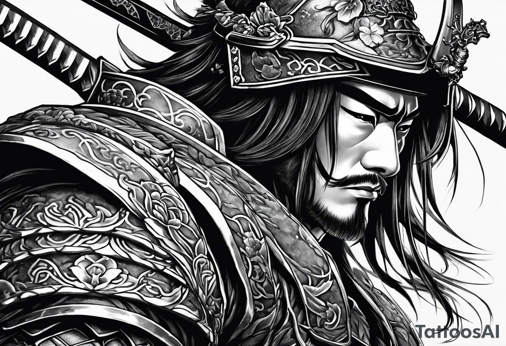 samurai with sword in blood, in armor, for a forearm
Should contains sakura leaves 
The tatoo should show i have dedication, respect and inner strength, and I try to become better everyday tattoo idea