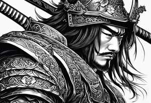 samurai with sword in blood, in armor, for a forearm
Should contains sakura leaves 
The tatoo should show i have dedication, respect and inner strength, and I try to become better everyday tattoo idea