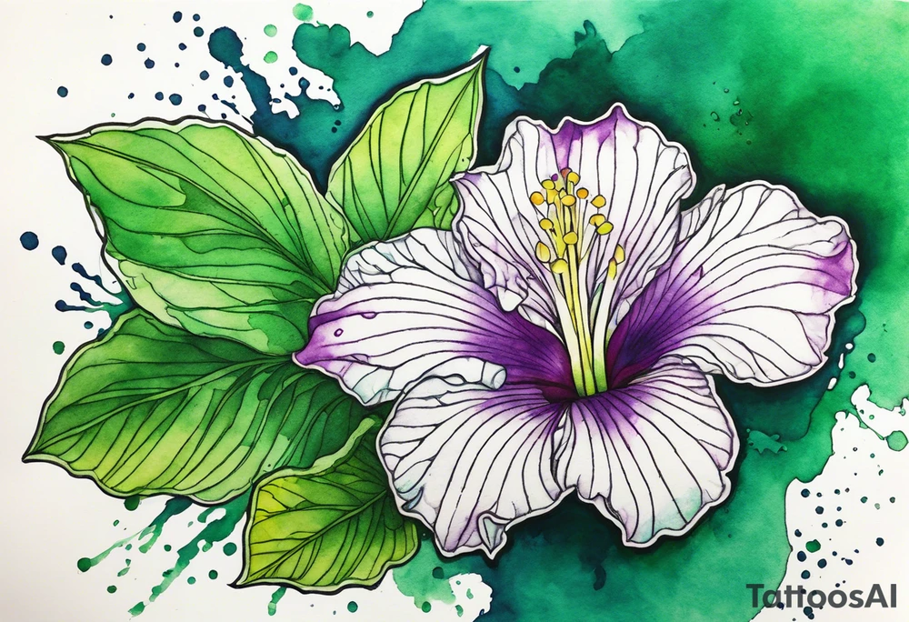 An outline of a green rio dipladenia flower and a green/purple watercolor splash in the background tattoo idea