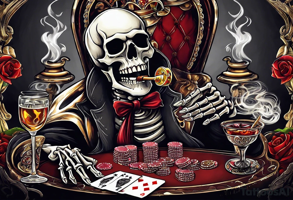 skeleton smoking cigar with poker chips, dealing the cards
Phrase: "Don't deal with the devil" tattoo idea
