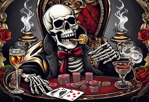 skeleton smoking cigar with poker chips, dealing the cards
Phrase: "Don't deal with the devil" tattoo idea