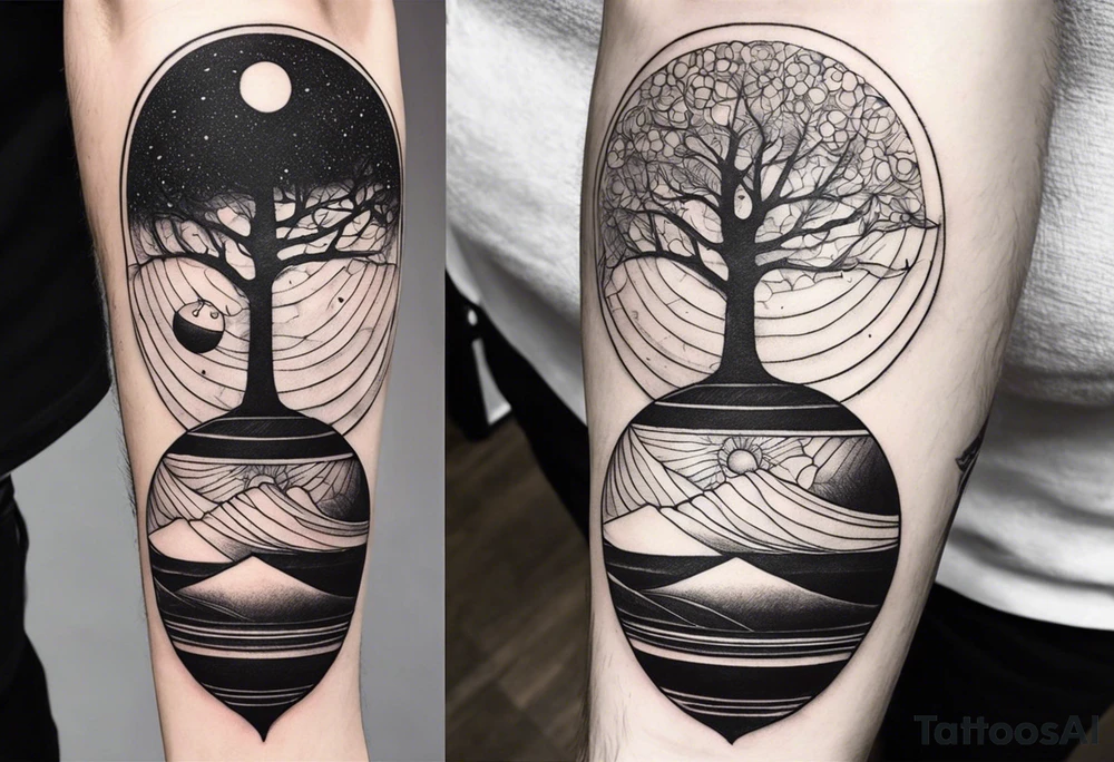 male tattoo on arm, drawing symbolizing balance of life spheres tattoo idea