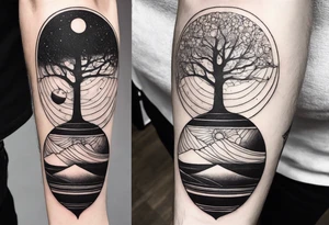 male tattoo on arm, drawing symbolizing balance of life spheres tattoo idea