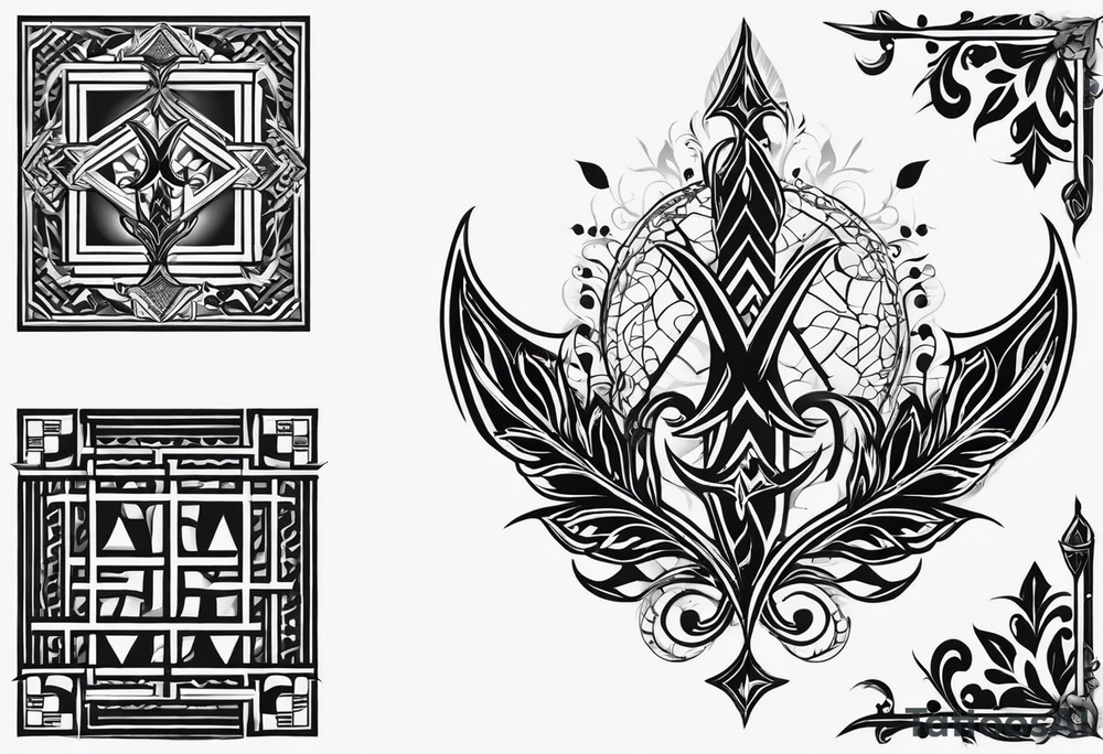 Geometric pattern with trident and leaves and chequered flag tattoo idea