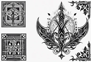 Geometric pattern with trident and leaves and chequered flag tattoo idea