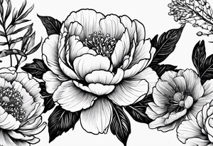 Peony flowers, fern fronds, cherokee rose, and hellebores tattoo idea