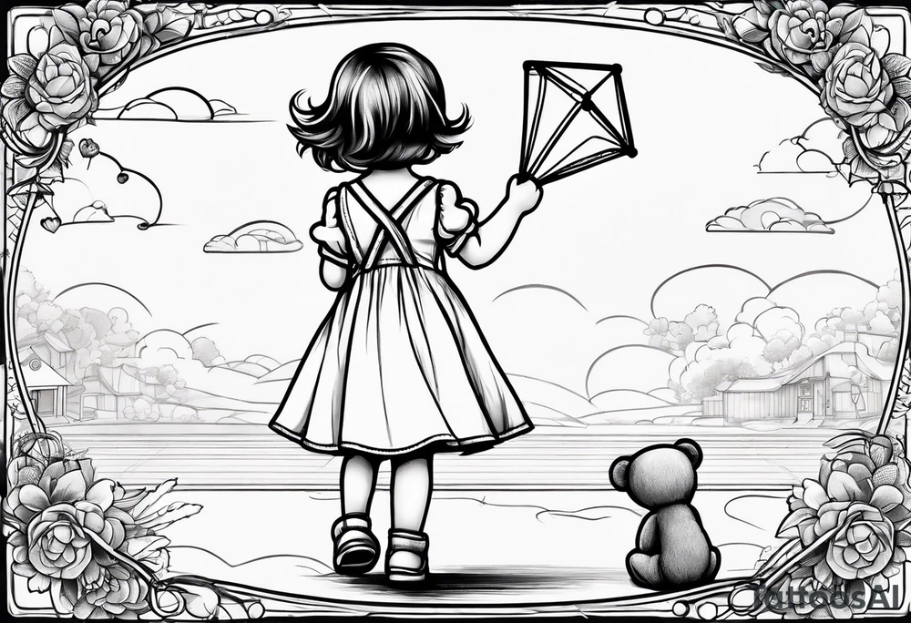 back image of a little girl in a dress, flying a kite, a teddy bear in overalls, standing beside her tattoo idea