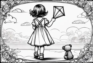 back image of a little girl in a dress, flying a kite, a teddy bear in overalls, standing beside her tattoo idea