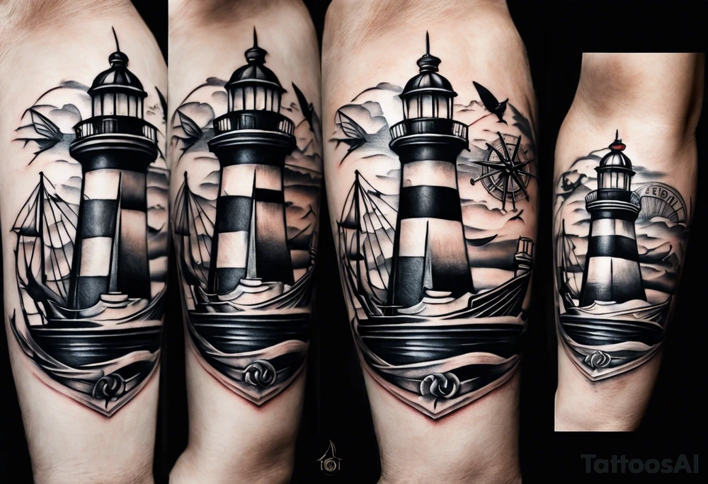 This tattoo captures the essence of Odessa's maritime charm, featuring a steering wheel symbolizing navigation through life's journey, a lighthouse representing guidance and stability, the iconic Potemkin Stairs symbolizing historical ascent, the vast sea embodying freedom, and the grand Opera House depicting cultural elegance. tattoo idea