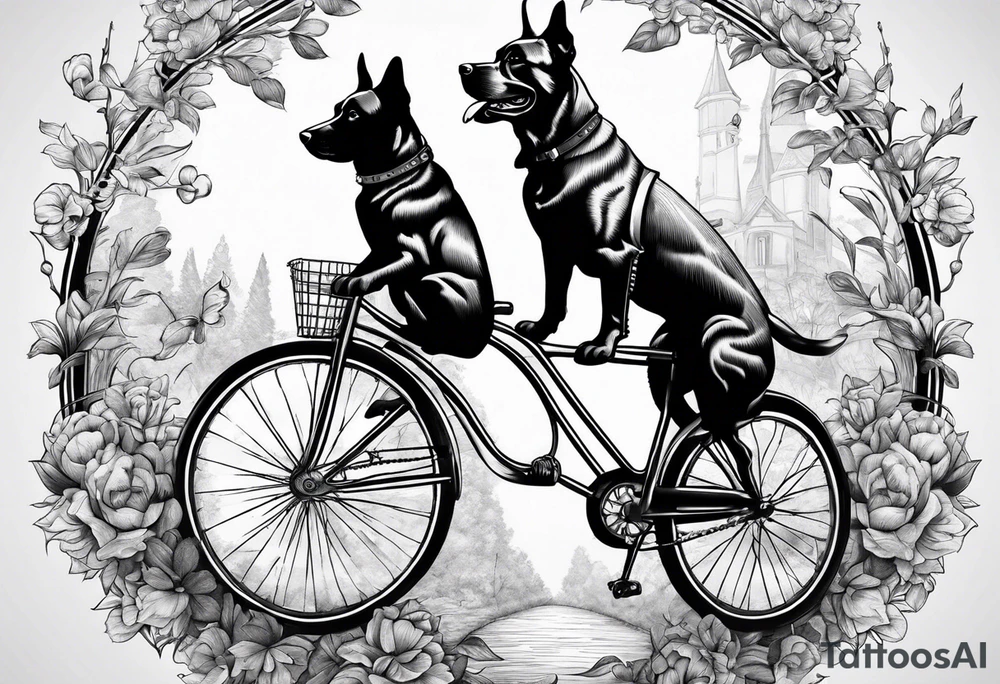 Two dogs riding a bicycle tattoo idea