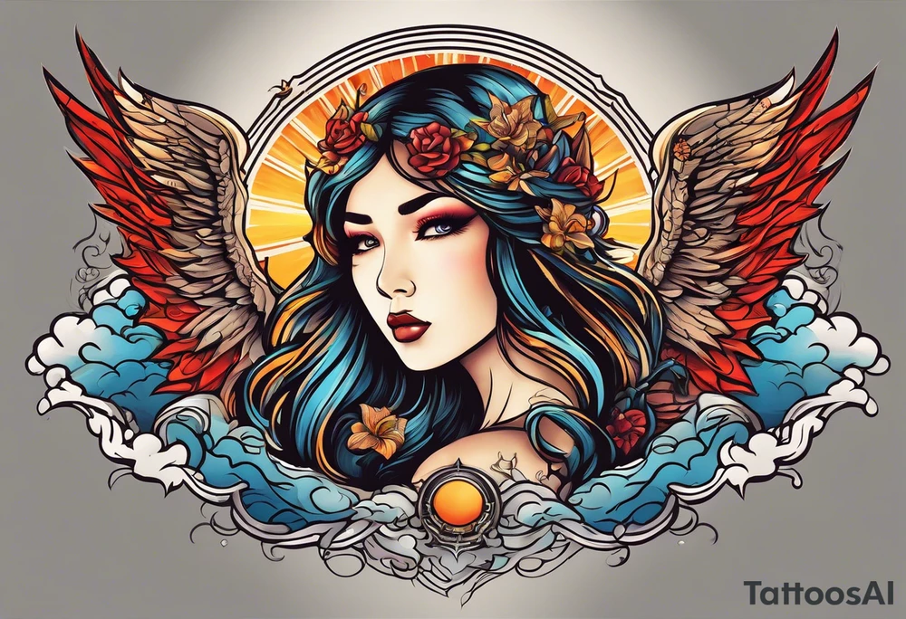 angel girl on right side whispering, devil girl on left side whispering, with rays of sun and clouds. Organ pipes center tattoo idea