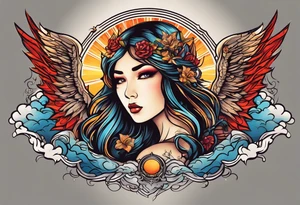 angel girl on right side whispering, devil girl on left side whispering, with rays of sun and clouds. Organ pipes center tattoo idea