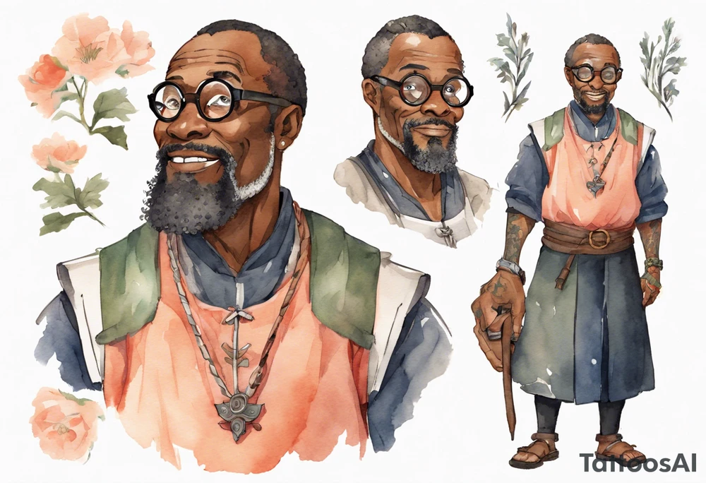 a middle-aged medieval black man wearing round glasses, wearing tunic, wearing salmon bracers tattoo idea