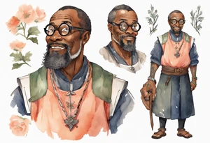 a middle-aged medieval black man wearing round glasses, wearing tunic, wearing salmon bracers tattoo idea