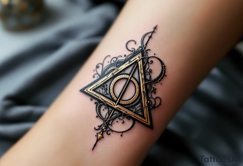 A detailed Deathly Hallows symbol (triangle, circle, and line) surrounded by swirling gold and silver tattoo idea