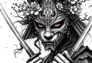 Woman samurai with red eyes wearing an half and broken kitsune mask, holding 
two katana and Sakura flowers ornement tattoo idea