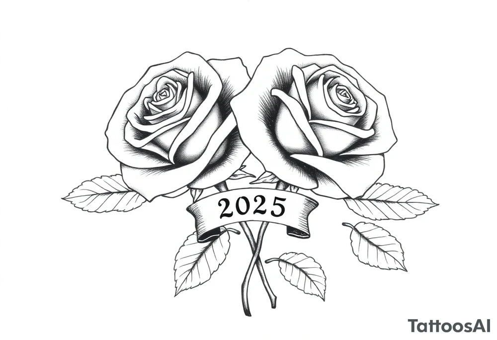 two big beautiful roses with leaves and with their stems intertwined, with a small banner with the year "2025" on it, tying them together.  Add the following words written in Kanji above the drawing "薔薇" tattoo idea