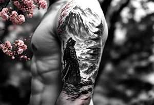 samurai standing at the base of a mountain in japan with cherry blossoms and japanese structures in the background tattoo idea