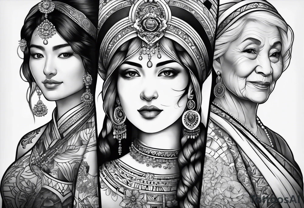 three person side by side. a really young Daughter on the left, mother in the middle, really old grandmother on the right. greater age difference tattoo idea