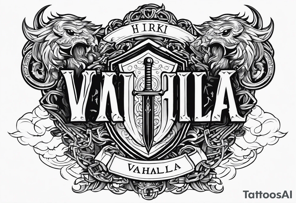 Valhalla sword fire chains shield clouds tattoo idea