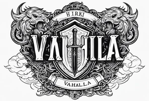 Valhalla sword  fire chains shield clouds tattoo idea