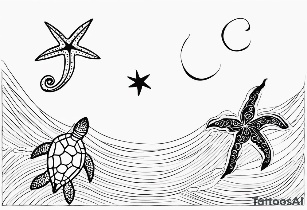 Small star fish, sea horse and turtle in a vertical line tattoo idea Small star fish, sea horse and turtle in a vertical line tattoo idea