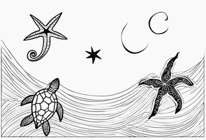 Small star fish, sea horse and turtle in a vertical line tattoo idea