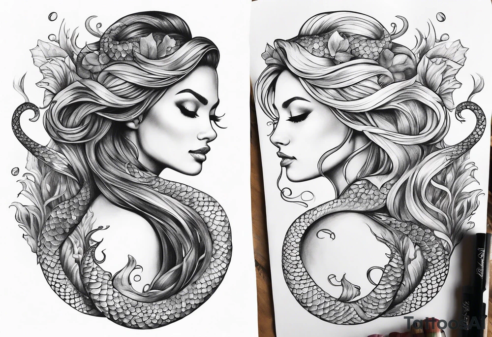 underwater, flowing serpent tail mermaid tattoo idea