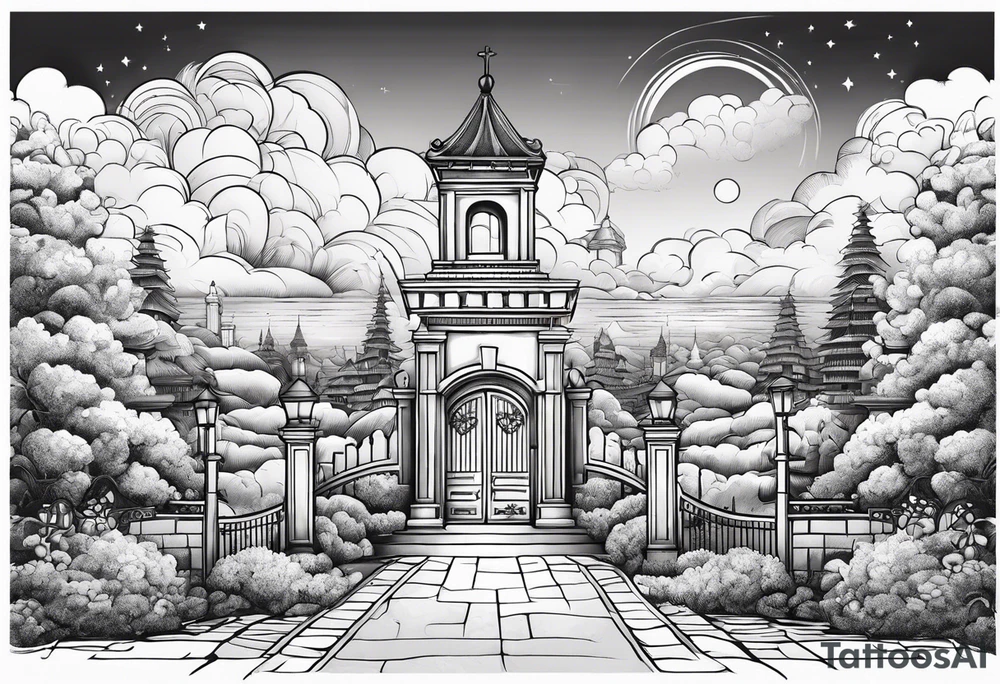 heaven summer town with tower houses gate entrance 
 in circle clouds  vignette tattoo idea