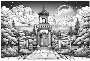 heaven summer town with tower houses gate entrance 
 in circle clouds  vignette tattoo idea