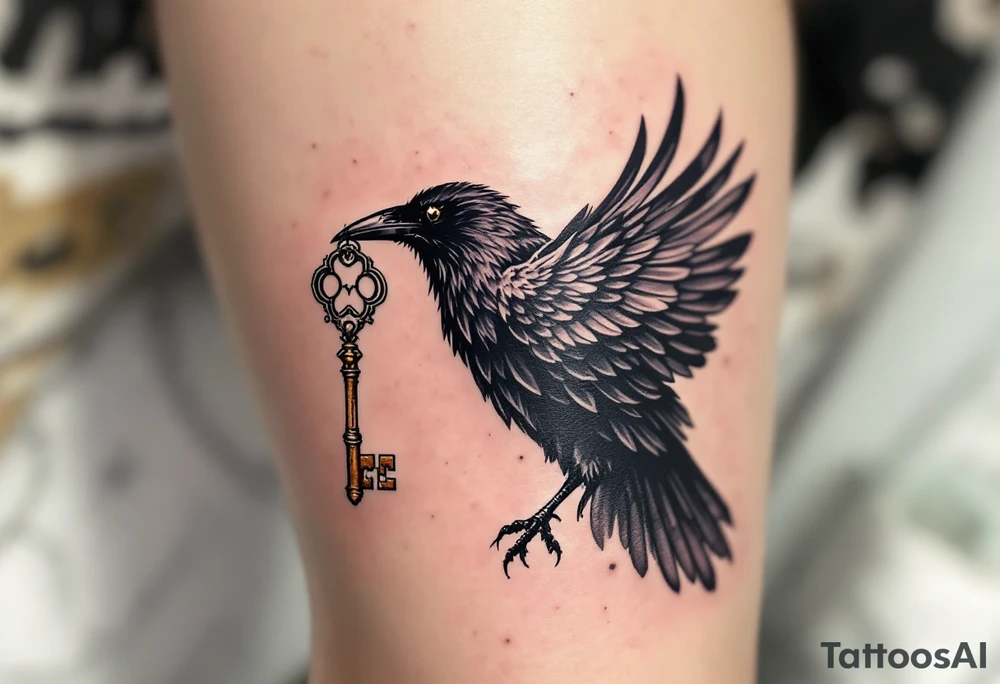 Crow Carrying a Key – A mysterious crow flying with a vintage iron key in its beak. Grayscale with rust-colored highlights on the key. tattoo idea