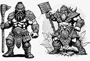 dwarven warrior with a war axe and giant Aztec warrior fighting against each other tattoo idea