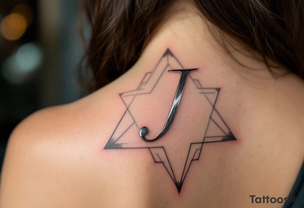Sharp geometric "J" in metallic silver with sleek, modern lines and cyan shadows. tattoo idea