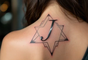 Sharp geometric "J" in metallic silver with sleek, modern lines and cyan shadows. tattoo idea