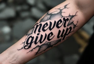 A bold gothic-style "never give up" in deep charcoal gray, framed by cracked stone textures. tattoo idea