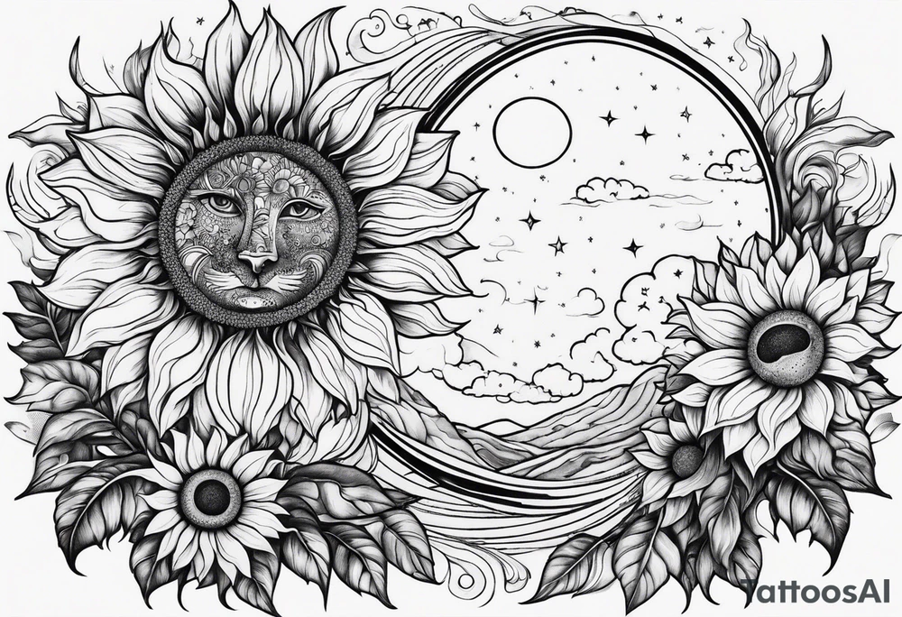 Sunflowers sun and moon tattoo idea