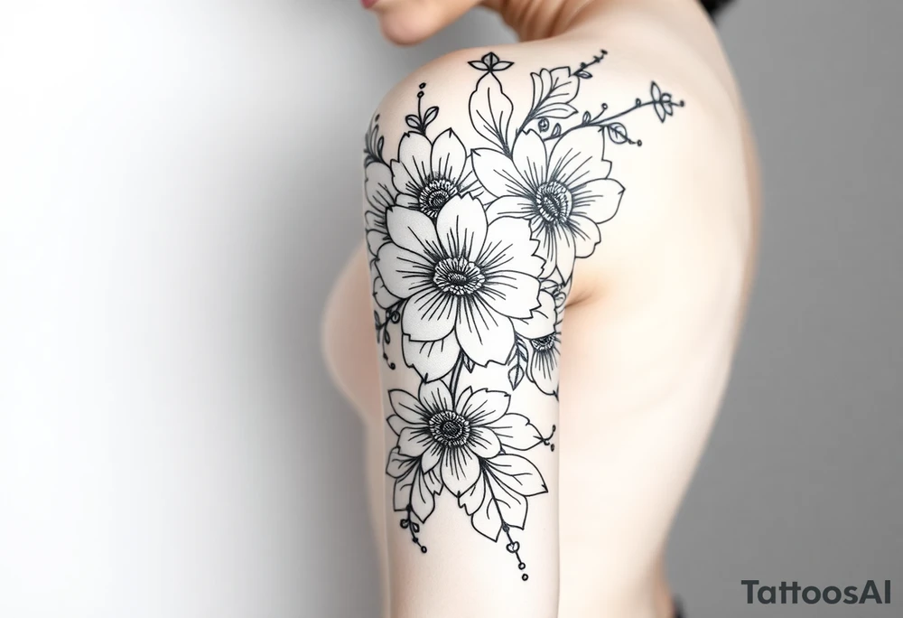 floral composition with japanese vibe, mutiple ornemental patern and leaf, dot geometric ornement, lycoris tattoo idea