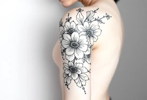 floral composition with japanese vibe, mutiple ornemental patern and leaf, dot geometric ornement, lycoris tattoo idea