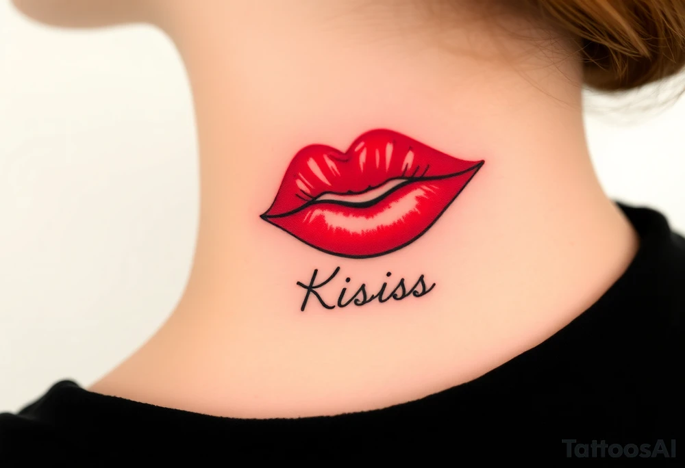 Neck tattoo of lips on the right side, puckered or slightly parted, with the word "Kiss" in a cursive or sleek font below or beside it. Style can be realistic or minimalist, with red or black ink for a bold, elegant look. tattoo idea