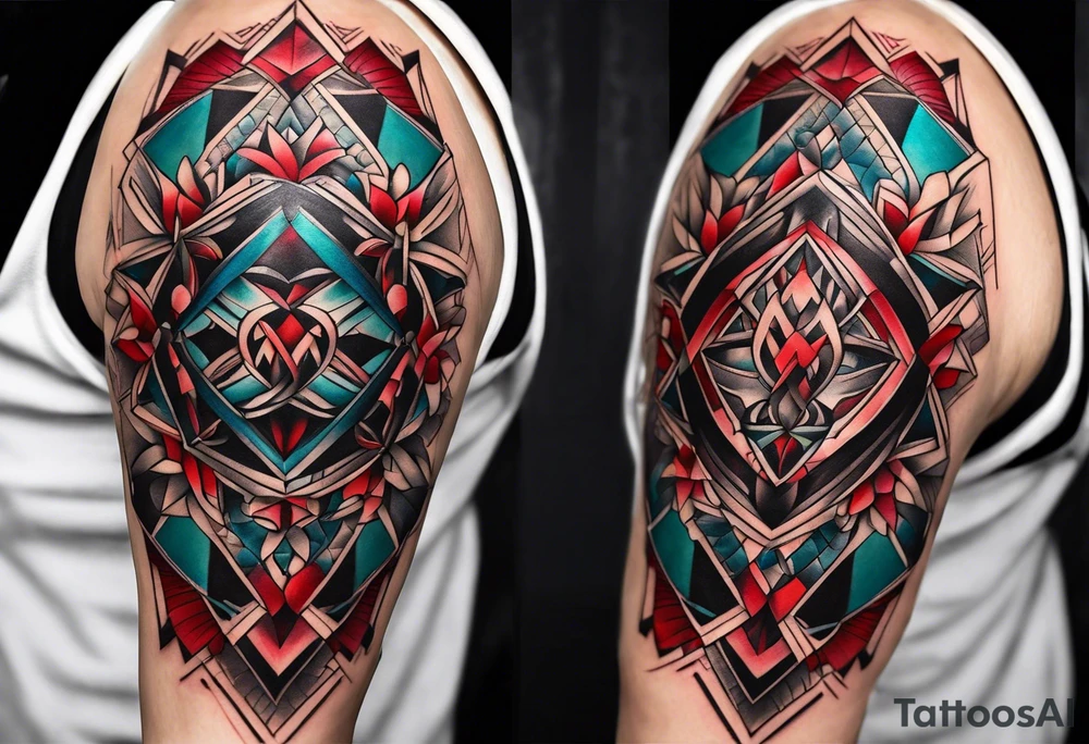 semi Detailed neo traditional knee tattoo on paper. The tattoo features geometric patterns and bold lines, creating a visually striking design with slight tints of deep red. tattoo idea