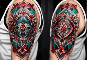 semi Detailed neo traditional knee tattoo on paper. The tattoo features geometric patterns and bold lines, creating a visually striking design with slight tints of deep red. tattoo idea
