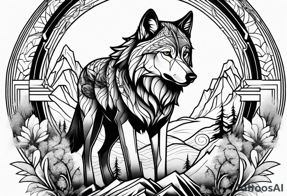 Wolf with waterfall and nature tattoo idea
