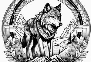Wolf with waterfall and nature tattoo idea