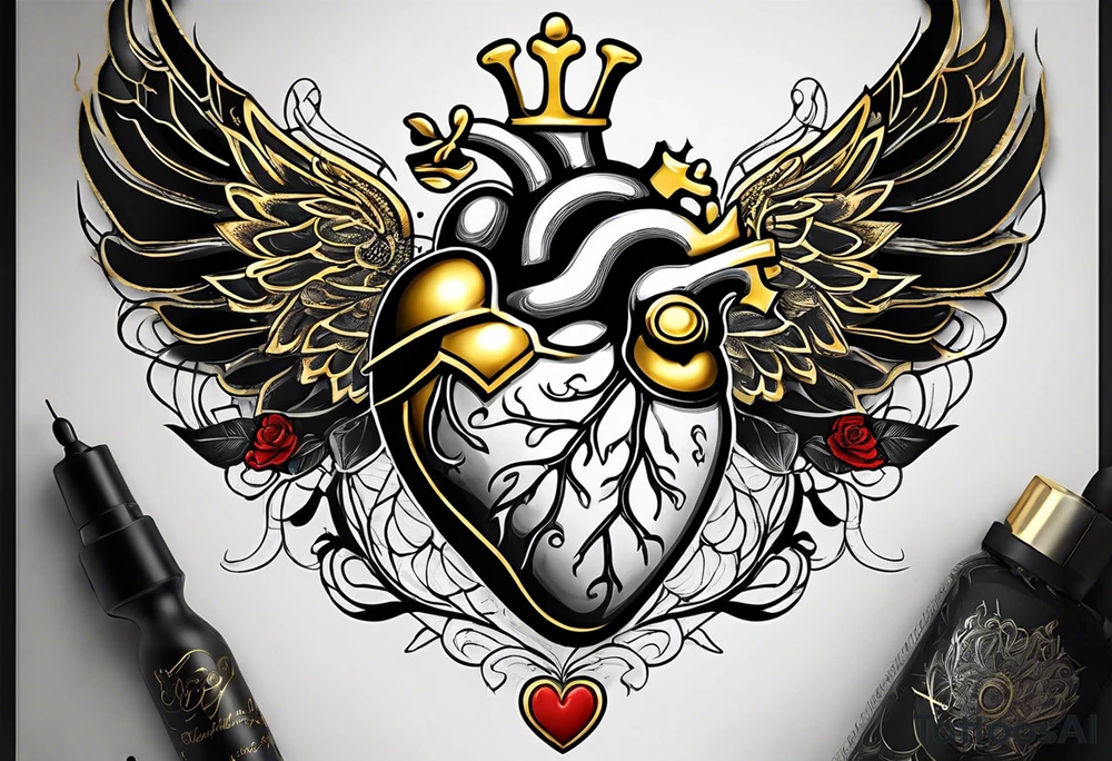 Anatomical heart with gold sealant lines tattoo idea