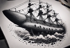 Air ship with tattered sails flying through a stormy sky tattoo idea