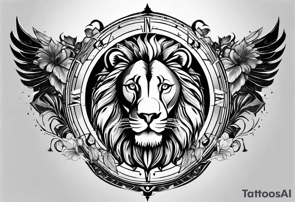 Shoulder  tatoo  include  compass,lion and a man. tattoo idea