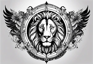 Shoulder  tatoo  include  compass,lion and a man. tattoo idea